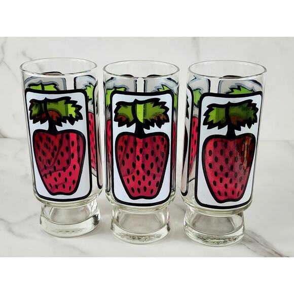 Libbey Strawberry Pedestal Tumbler Glass 16oz Retro 80's 6 1/2" x3 Vintage - Picture 1 of 13
